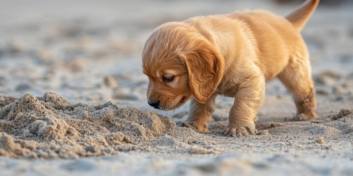 Golden puppy explores the beach sand, using its keen sense of smell to sniff out intriguing scents. This golden puppy is joyfully engaged in discovering the wonders of the beach sand.