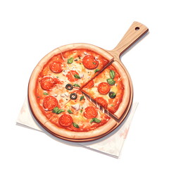Pizza with pepperoni and olives on a wooden serving board with a slice removed, isolated on white, food concept for menu or recipe visual