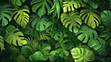 Fototapeta premium A vibrant backdrop of lush tropical leaves offers rich textures and shades of green, perfect for nature-themed designs and creative projects.