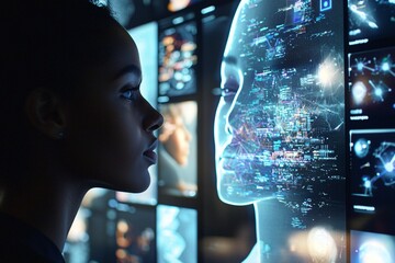 A diverse team collaborates on technology, examining data on screens to foster innovative and ethical AI solutions with a focus on user-friendly design.