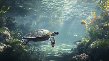 Obraz premium sea turtle gliding through serene underwater environment, surrounded by vibrant marine life