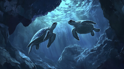 Obraz premium Swimming sea turtles glide gracefully through underwater cave