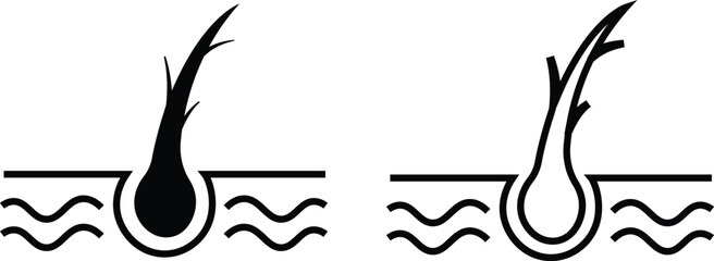 Hair follicle cosmetic line and flat icon set. Vector include skincare frizzy repair revitalizing scalp dandruff follicle outline pictogram for trichology collection isolated on transparent background