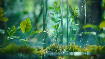 Abstract concept of laboratory test tube with genetically modified plants, showcasing green saplings in water, reproductive structures, moss, and fungi for biological science research