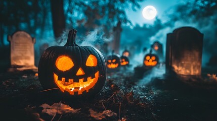 Fototapeta premium Illuminated JackOLantern In Spooky Graveyard Setting