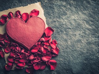 Fototapeta premium A radiant heart-shaped object rests on delicate paper, embraced by soft petals, evoking a tender Valentine's Day romance and affection.