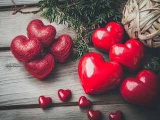 Fototapeta premium A charming display of vibrant red hearts scattered on a rustic wooden table, accompanied by a quaint basket filled with fragrant pine needles.