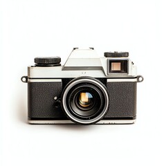 A vintage camera with a classic design, showcasing a black body and silver accents, ideal for photography enthusiasts and collectors.