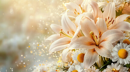 Fototapeta premium Delicate Lily Bouquet: A captivating close-up of a pristine white lily bouquet, adorned with dainty chamomile blossoms, bathed in soft sunlight.