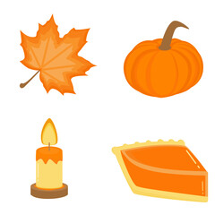 Autumn icon set featuring vibrant leaves, pumpkins, candles, and pie