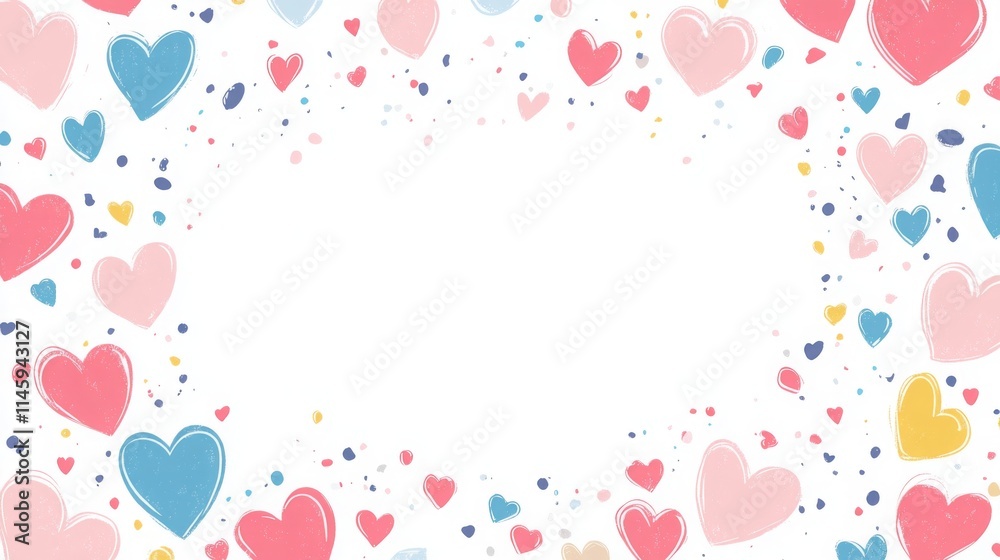 Poster a vibrant and cheerful arrangement of hearts in various colors surrounds a blank center area, perfec