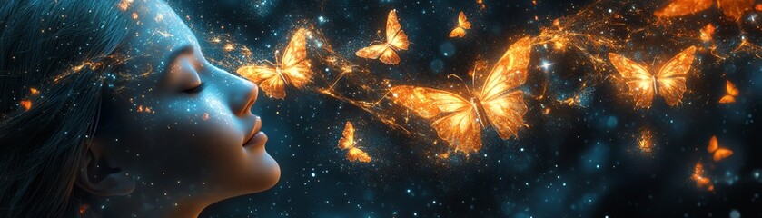 Fototapeta premium A glowing ethereal portrait of a woman, with luminous butterflies framing her face, representing transformation, inner peace, and boundless imagination in an abstract scene