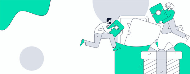 Use red envelopes to attract new customers and promote activity. Flat vector character concept illustration
