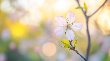 Obraz premium A single pink cherry blossom against a blurred background of blooming trees, macro shot, Spring elegance style