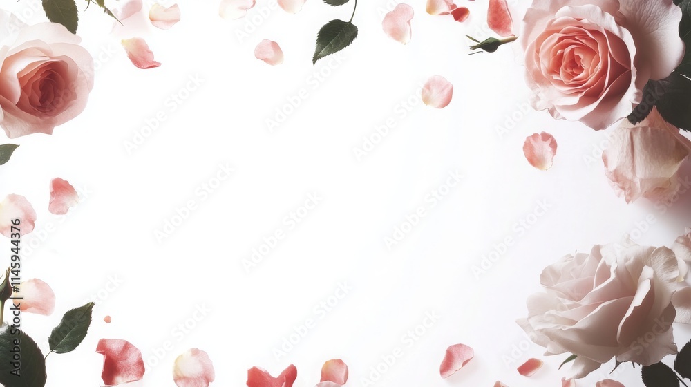 Poster soft pink rose petals frame a blank space, creating an elegant backdrop perfect for romantic events 