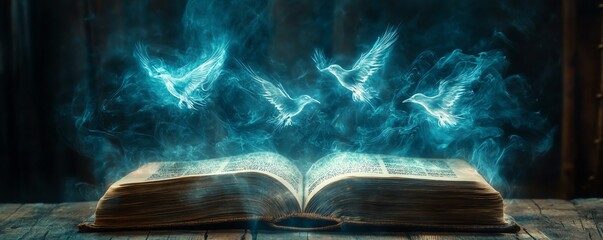 Obraz premium Ethereal smoke rises from an open book, shaping into three glowing birds in flight, representing the liberation of ideas and knowledge, enchanting and imaginative art