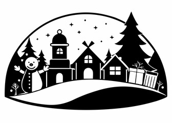 Charming Winter Village Silhouette with Snowman and Christmas Tree - Festive Holiday Scene