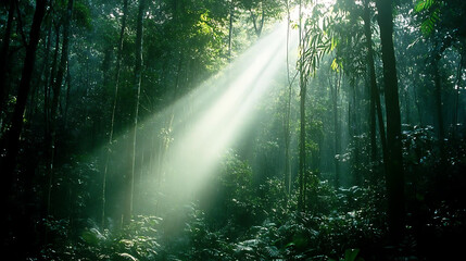 Obraz premium Sunlight Streaming Through Rainforest Canopy: A breathtaking view of sunlight piercing through a dense rainforest canopy. The ethereal light casts beams of radiance onto the lush foliage.