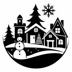 Charming Winter Village Scene with Snowman and Pine Trees - Black and White Festive Illustration