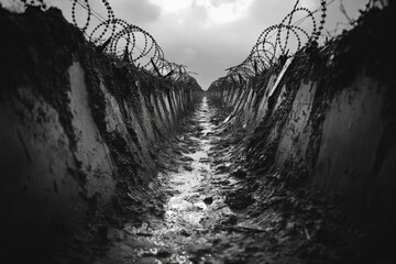 Fototapeta premium Black and white image of a muddy trench with barbed wire, evoking a dramatic war scene