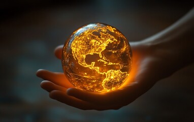 Hand hovering over a glowing digital globe, symbolizing global connectivity, data management, and technological control in the digital age