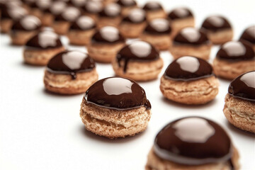 Fototapeta premium Chocolate eclair pastry with glossy chocolate topping isolated on a white background. Generative AI