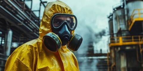 Accident in a chemicals production plant leads to a worker in a protection suit and gas mask taking a quick shower to wash away the acid. Safety measures are crucial in chemicals production.