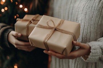 Woman Holding Wrapped Christmas Gifts with Twine Bow Surrounded by Festive Holiday Lights Creating a Cozy Atmosphere for Seasonal Celebration