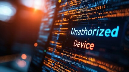 Cybersecurity Breach Visualization concept. Unauthorized device alert on a digital interface with glowing text.