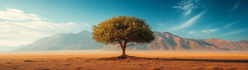Lone tree in a vast desert, with visible roots thriving in the harsh conditions, symbolizing resilience, strength, and survival against the odds