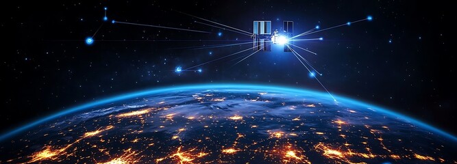 Obraz premium A satellite orbits the Earth, connected by glowing lines to various points on the planet