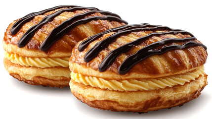 Two delicious cream-filled pastries topped with chocolate.