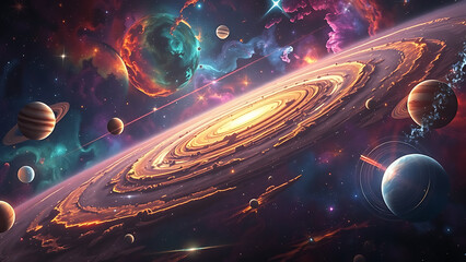 realistic vector illustration of science fiction cinematic image of planet with dark blue, purple and yellow sky with sun, stars, two distant moons, red rock and sand surface and mountains in distance