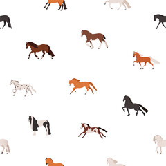 Horses, seamless pattern. Equine animal background, endless repeating print. Texture with tiny thoroughbred stallions profiles for fabric, wrapping, wallpaper design. Flat vector illustration