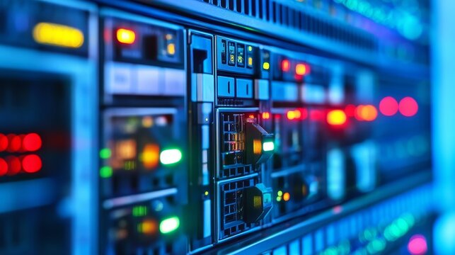 A close-up view of illuminated server racks showcasing network hardware and connectivity.