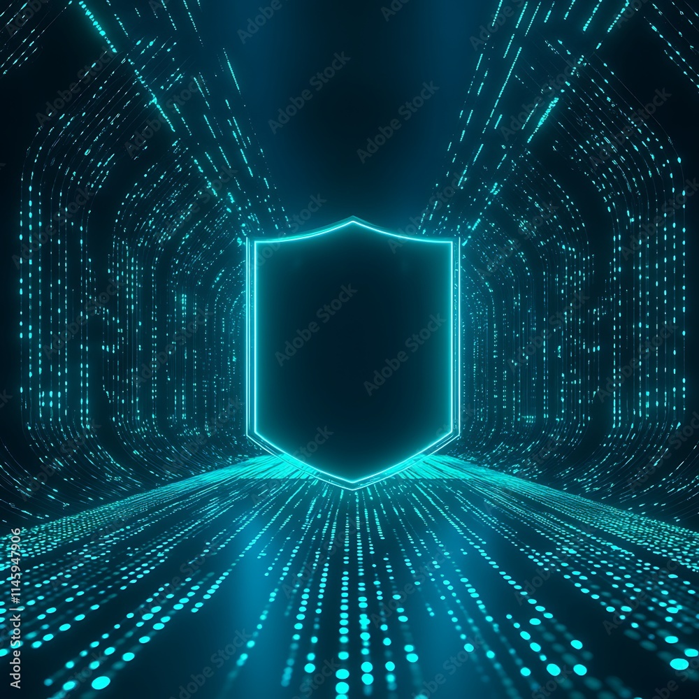 Poster abstract digital background with glowing shield and bright data streams in a futuristic environment