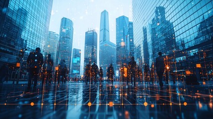 Cityscape with digital network overlay and people.