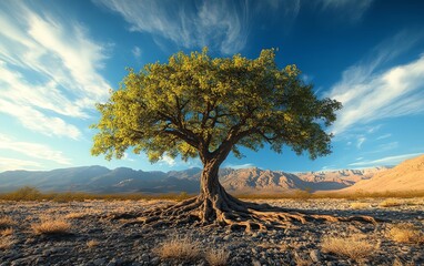 Tree standing tall in a desert, its roots spread wide and visible, symbolizing survival, resilience, and strength against the odds