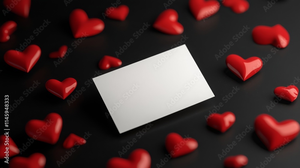 Poster a blank card is centered among numerous shiny red hearts scattered on a dark surface. the vibrant co