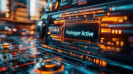 Cybersecurity Breach Visualization concept. Digital interface with glowing elements and active keylogger display.