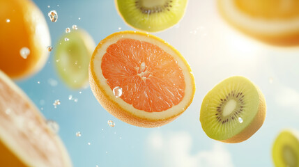 Juicy citrus and kiwi slices floating against a bright blue sky in a refreshing summer setting