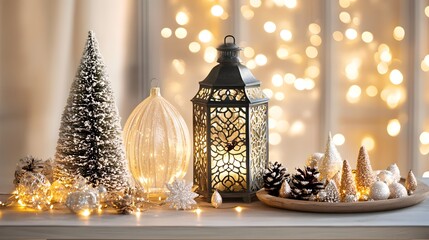 Festive Christmas Decor Featuring Miniature Trees and Lantern