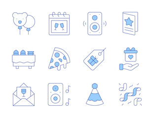 Party icons. Line Duotone style, editable stroke. party, pizza slice, speaker, invitation, balloon, buffet, music box, party hat, price tag, confetti, gift, greeting card