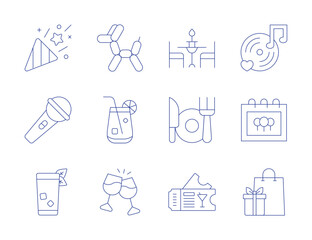 Party icons. Thin Line style, editable stroke. balloon dog, blue lagoon, cheers, confetti, cuba libre, cutlery, dinner, microphone, music, party, presents, ticket