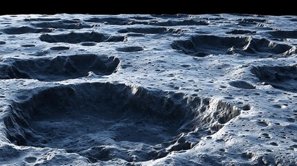 Close-up of a rugged lunar surface with detailed craters under sharp lighting.