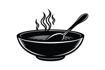 Steaming Bowl of Soup with Spoon - Elegant Black and White Vector Art