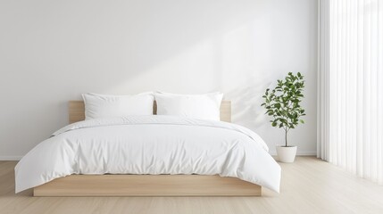 Minimalist bedroom interior design with a bed, plant, and sunlight.