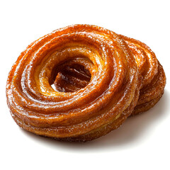 Fototapeta premium Two golden-brown, sugared churros, overlapping slightly, on a white background.