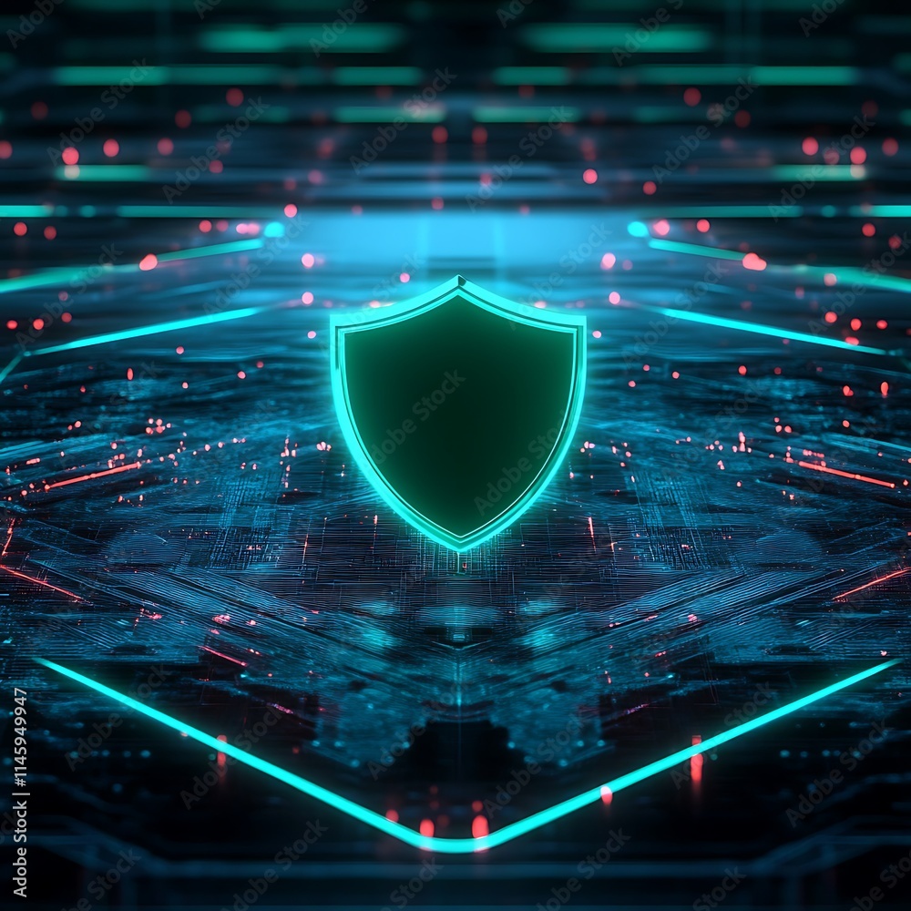 Poster abstract technology background featuring neon shield with circuit patterns and glowing elements