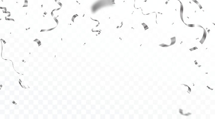 Falling shiny silver confetti and ribbons celebration party design element